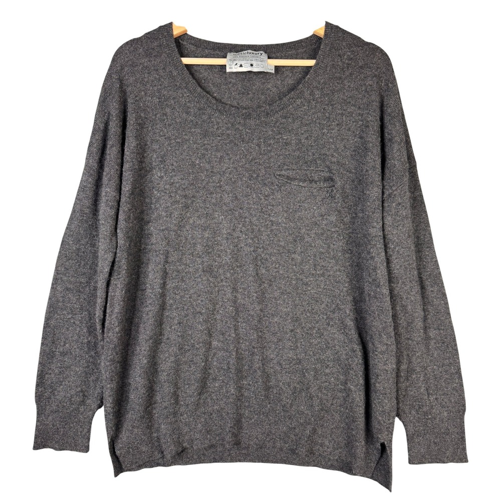 Subtle Luxury 100% Washable Cashmere V-Neck Sweater Charcoal Gray S/M Pocket